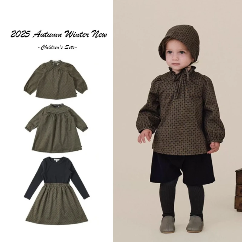 

2025 Autumn New Girls' Cotton Retro Printed Long Sleeved Elegant Dress Stand Up Collar Shirt Loose Chiffon Shirt Top Base Shirt