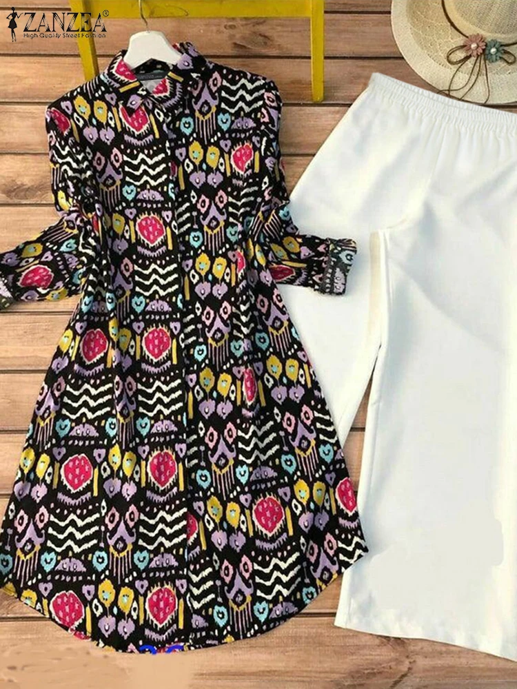 

ZANZEA Women Printed Long Blouse Outfits Retro 2PCS White Pants Sets Casual Loose Matching Set 2025 Fashion Korean Tracksuits