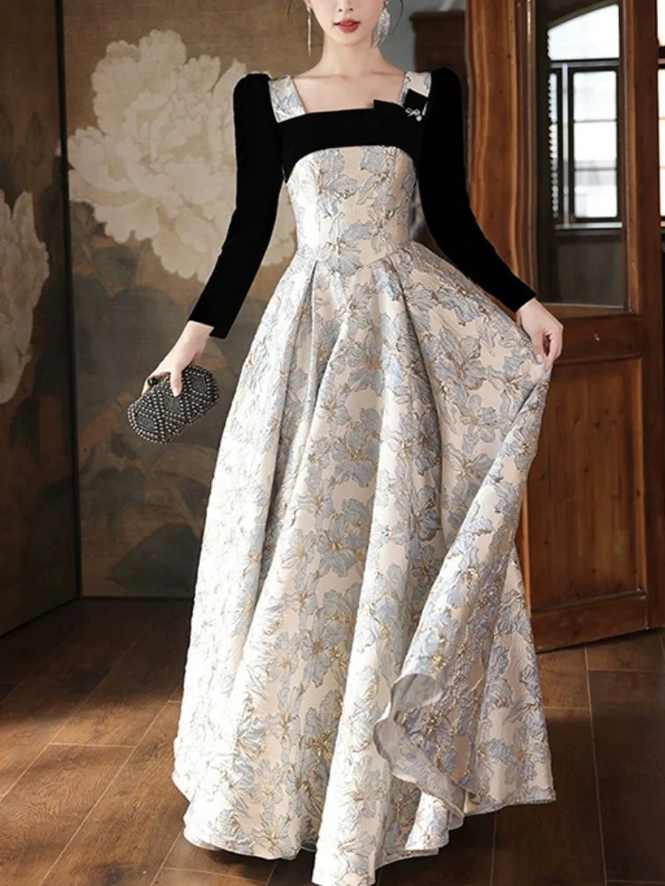 Customized Square Collar Long Sleeve Patchwork Wedding Party Vestidos Slim Waist Pleated Elegant Evening Dress Flower Printed Pr