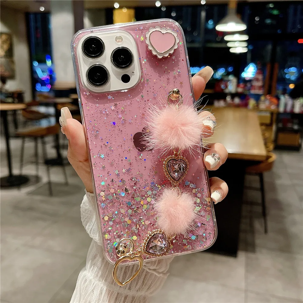 Luxury Glitter Love Heart Plush Bracelet Case For Samsung A05 A05S A15 A14 A24 A34 A54 A13 A23 A33 A53 A32 A52S A51 A71 Cover