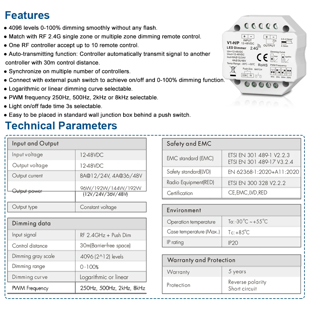 Imagem -03 - Freqüência sem Fio Ajustável Led Dimmer Switch on Off para Single Color Led Strip Light Pwm 2.4g rf 12v 24v 48v 6a 3a