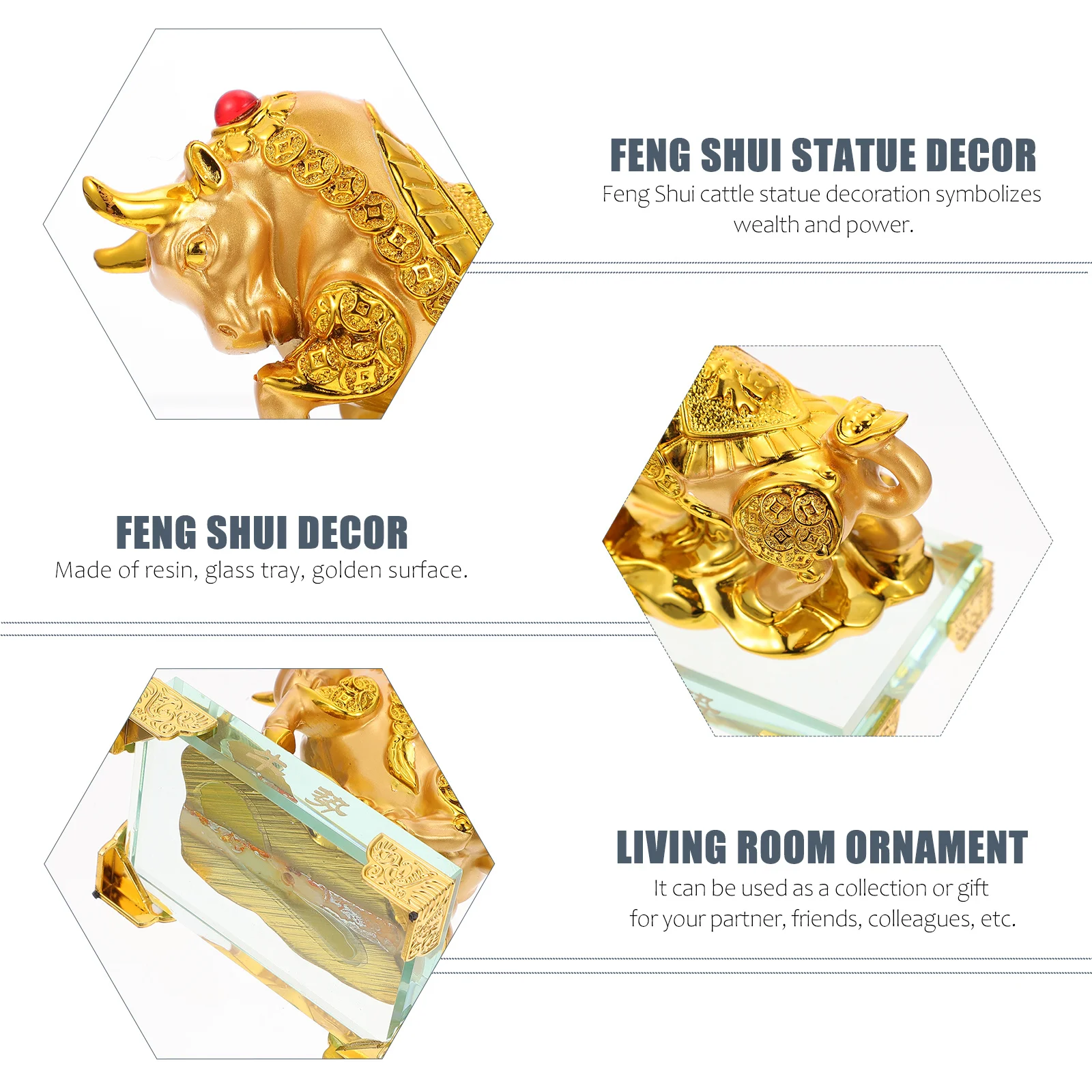 

1Pcs Gold Ox Decoration Ornament Feng Shui Resin Cattle Home Office Desktop Decor Creative Lucky Wealth Attracting Indoor