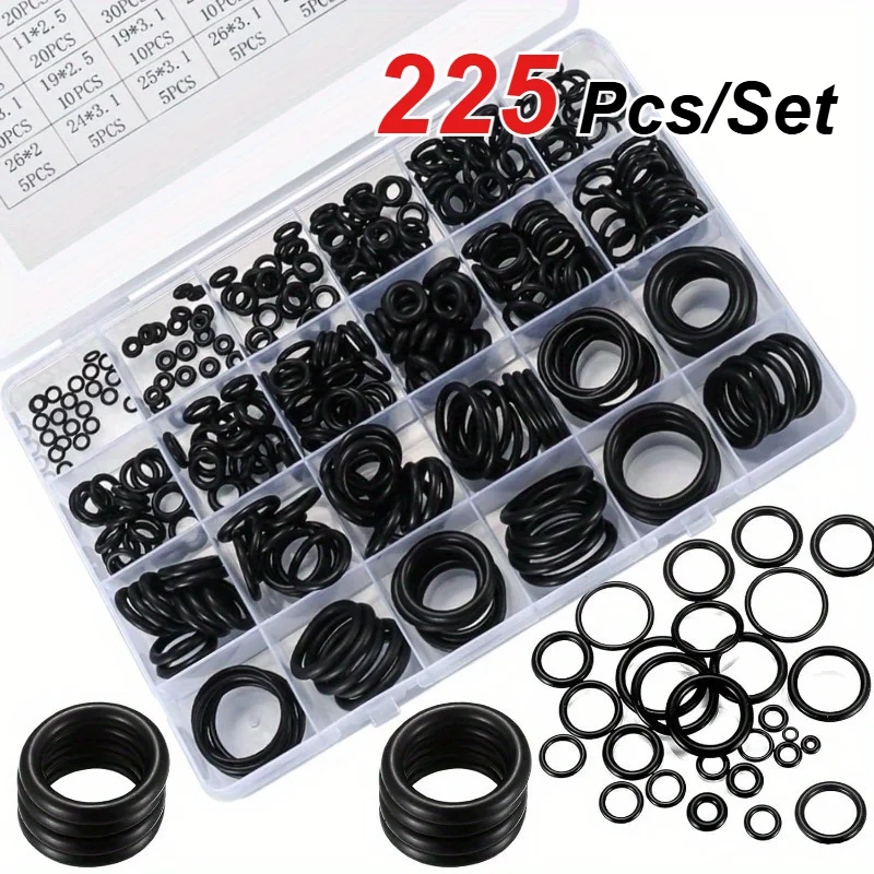 225 PCS/Set O-Ring Set Rubber Sealing Gasket 18 Sizes Elastic Oil Resistant Professional Pipeline Maintenance Sealing Component