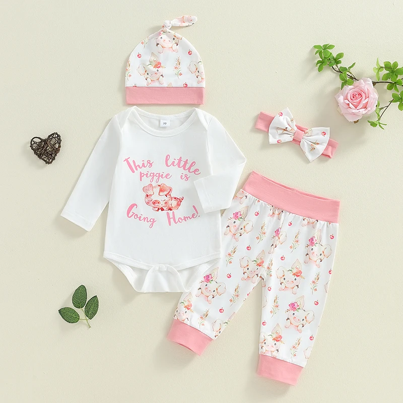 

2024-05-24 Lioraitiin Baby Girl Fall Outfits Letter Print O-Neck Long Sleeve Romper Pig Print Long Pants Headband Hat 4Pcs Set