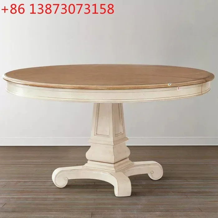 American rural all-solid wood round table French restaurant retro European engraved color matching dining table dining chair