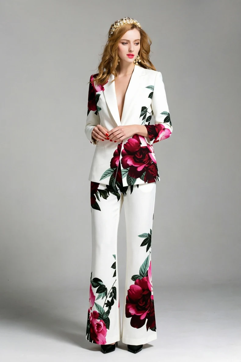 Women's White Floral Print Blazer & Pants Set - Notched Lapel Long Sleeve Suit with Rose Button Detail - Elegant Office Workwear