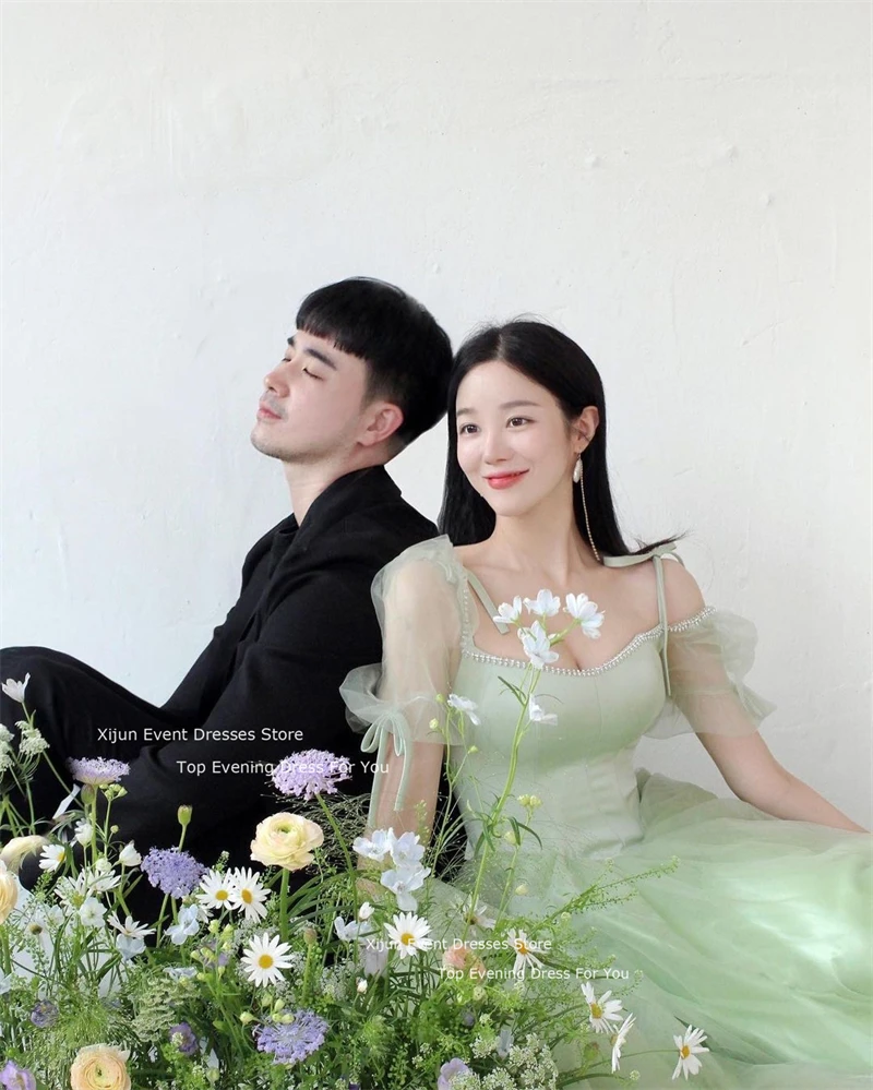 Xijun Sage Green Tulle Long Prom Dresses Korea Fairy Princess Wedding Dresses Formal Photoshoot Bridal Gowns Korean Party Gowns