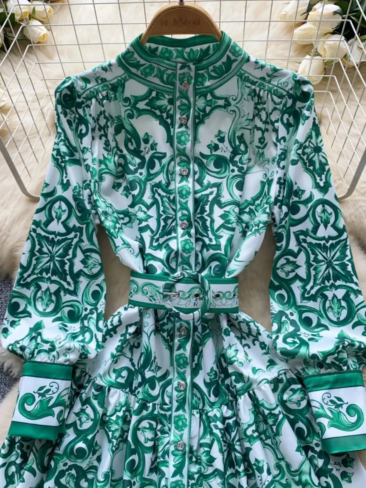 Summer Autumn Long Sleeve Floral Print Short Dress Shirt Women Single Breasted Belt Mini Party Vestidos Office Lady