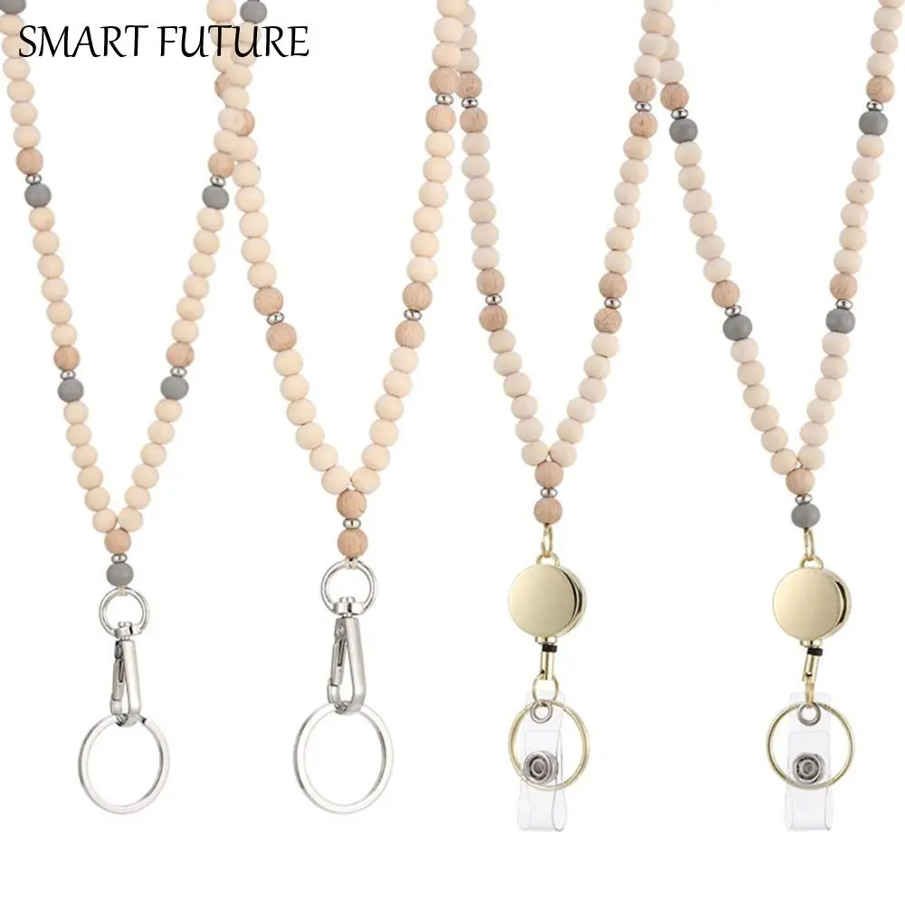 

Retractable ID Badge Holder Lanyard Stainless Steel Clasp Natural Wood Bead Boho Keychain Necklace Convenient Multi-Functional