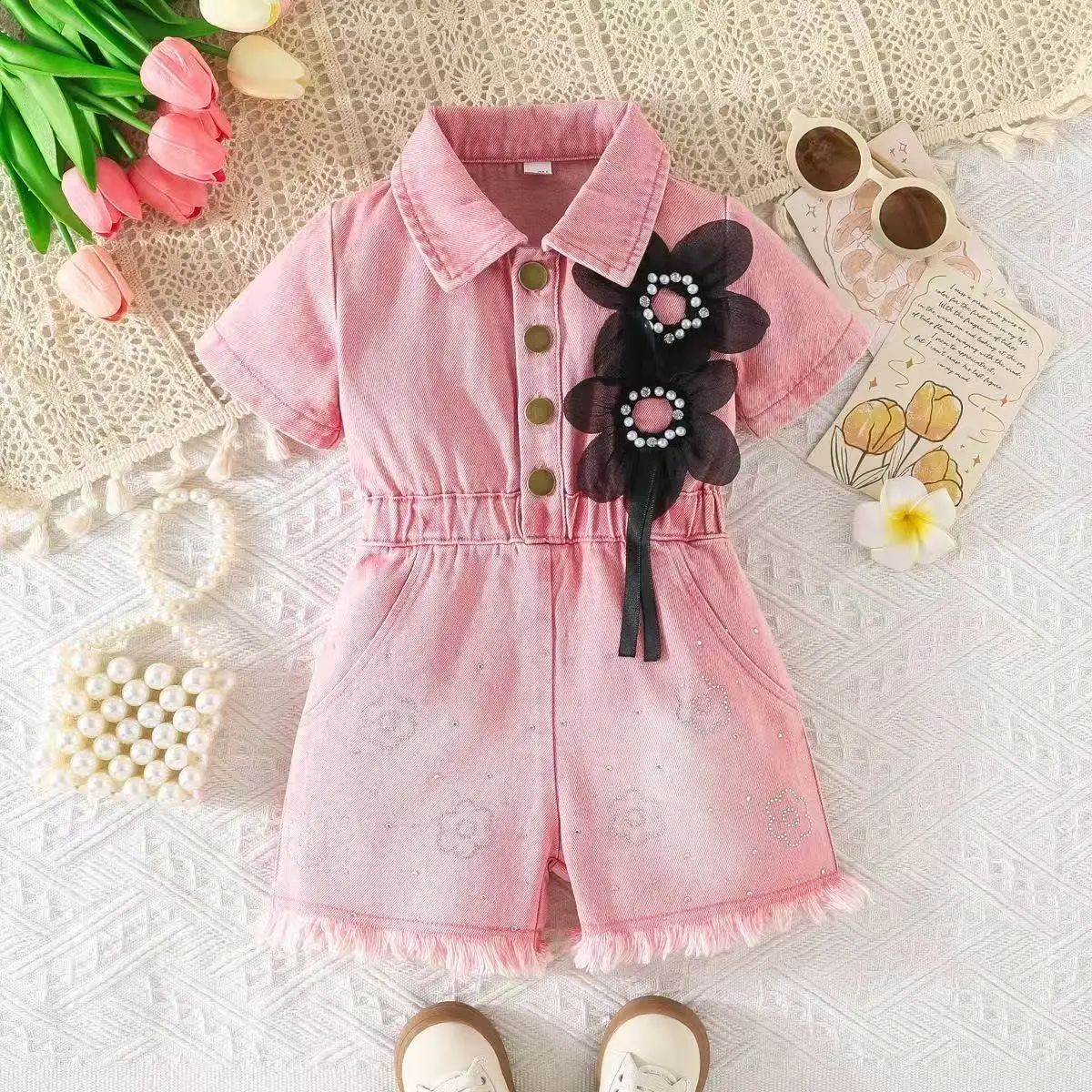 2026 New Girls' Denim jumpsuit Children's Short Sleeved Waist Cinched Pearl Flower Girls' Work Pants