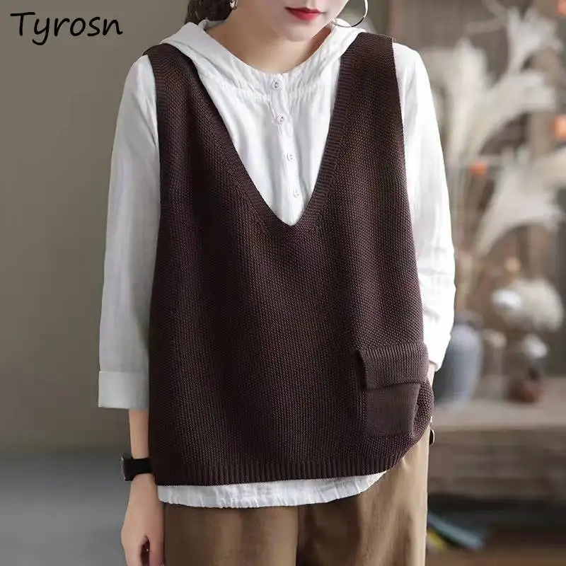 

Spring Vests Women V-neck Pockets Design Loose Korean Style Female Solid All-match Retro Simple Daily Autumn Knitting Cloth Ins