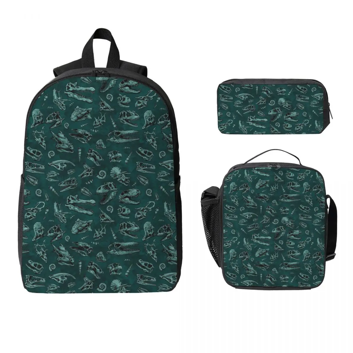 Dinosaur Skull Sketch Tiled Pattern Green Backpack BookBag School Bag Laptop Shoulder Bags 3ps Insulated Lunch Bag Pencil Case