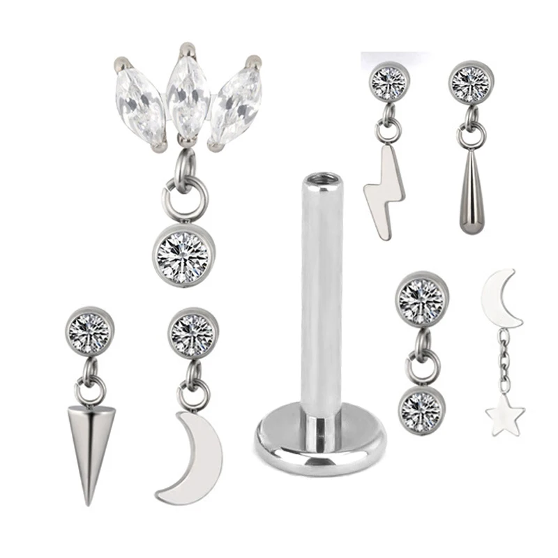 ASTM F136 Titanium EAR PIERC Pendant Chain Dangle Ear Studs With CZ Top Labret Lip Stud Cartilage Earrings Body Piercing Jewelry