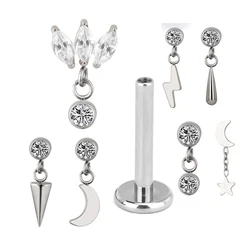ASTM F136 Titanium EAR PIERC Pendant Chain Dangle Ear Studs With CZ Top Labret Lip Stud Cartilage Earrings Body Piercing Jewelry