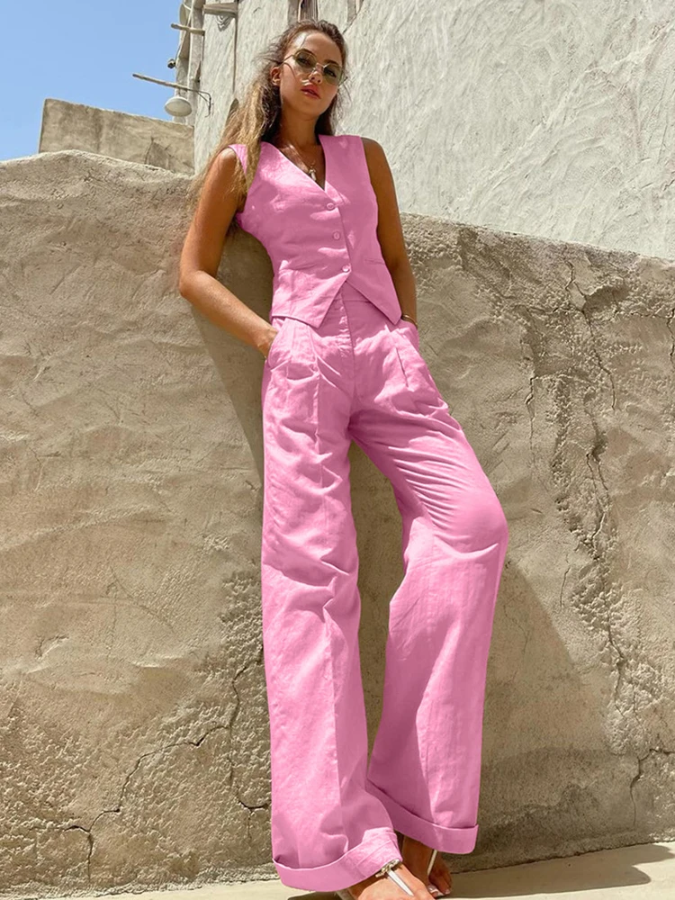 

2023 Women Spring Summer Office Pant Set Solid Pink Outfits V-neck High Waist 2 Two Piece Matching Set For Women