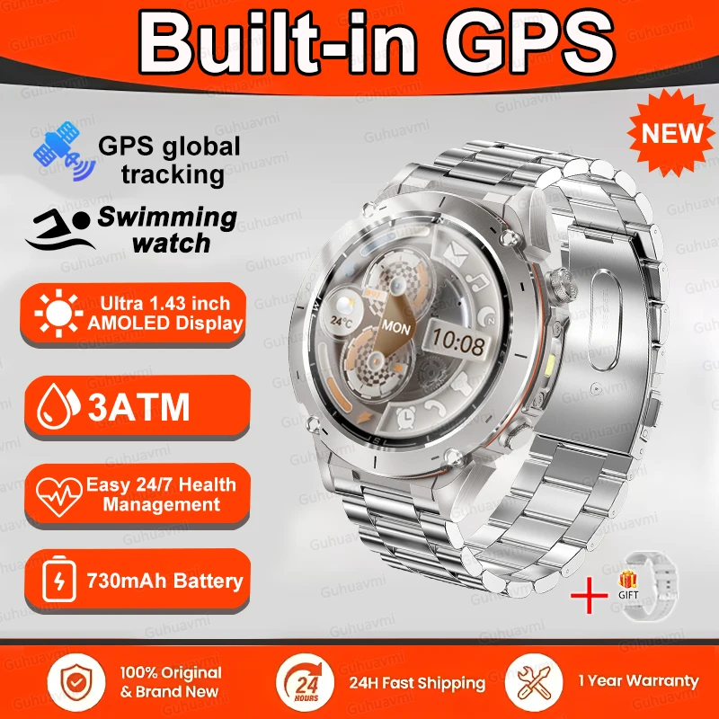 GUHUAVMI [Weltpremiere] Robuste GPS-Smartwatch, 1,43 Zoll AMOLED-Display, Bluetooth-Telefonanrufe, LED-Taschenlampe, IP68, wasserdichtes Sportarmband 7