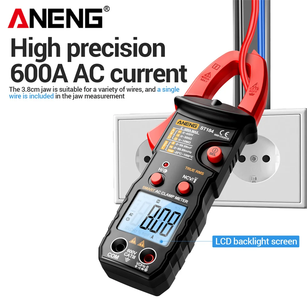 ANENG ST184 Digital Clamp Multimeter Meter AC/DC Voltage Current Tester Hz Capacitance Ohm Temperature True RMS 6000 Counts Test