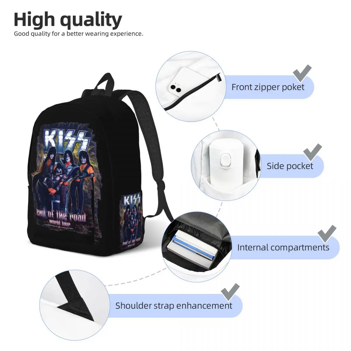 Banda Kiss End of the Road World Tour Última turnê mochila para homens e mulheres, mochila casual para estudante, bolsa de ombro, presente