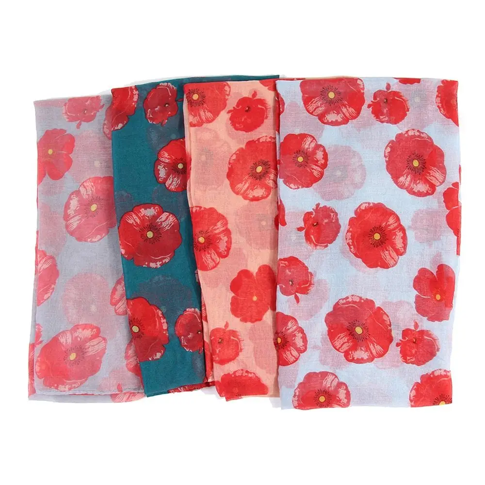 Soft Colorful Poppy Print Scarf Cotton Voile 180*90cm Poppy Floral Shawl Breathable Smooth Poppies Floral Wrap for Women Ladies