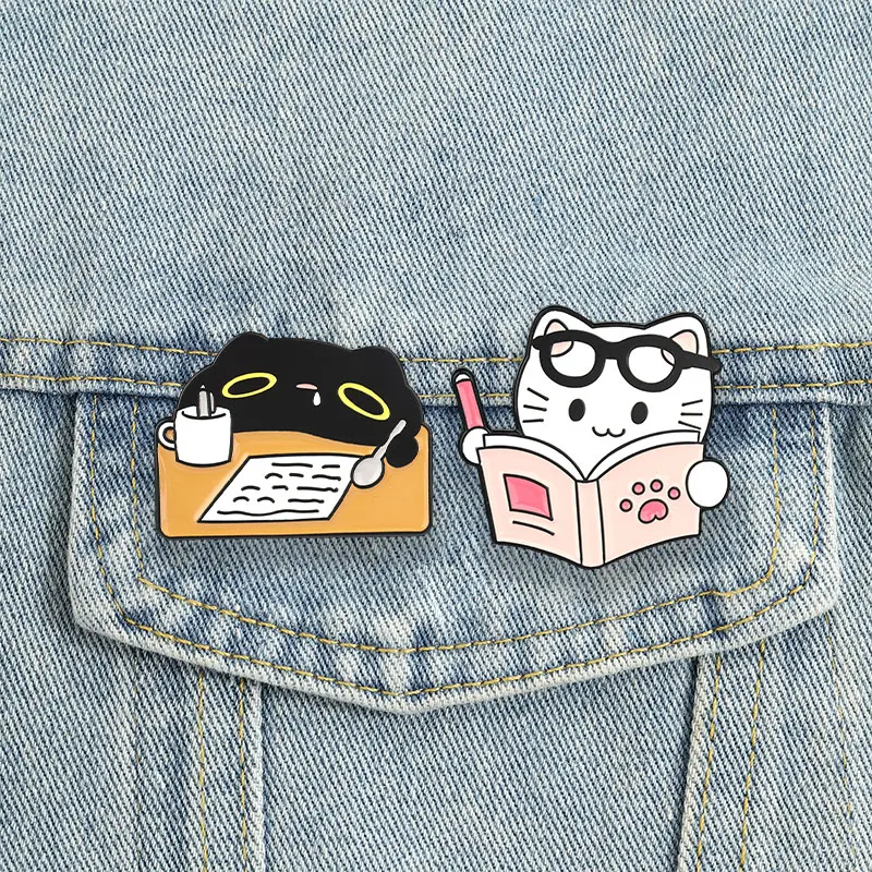 Bookworm Cats Enamel Pins Kawaii Reading Napping Black White Kitten Brooches Lapel Badge Jewelry Gift for Readers