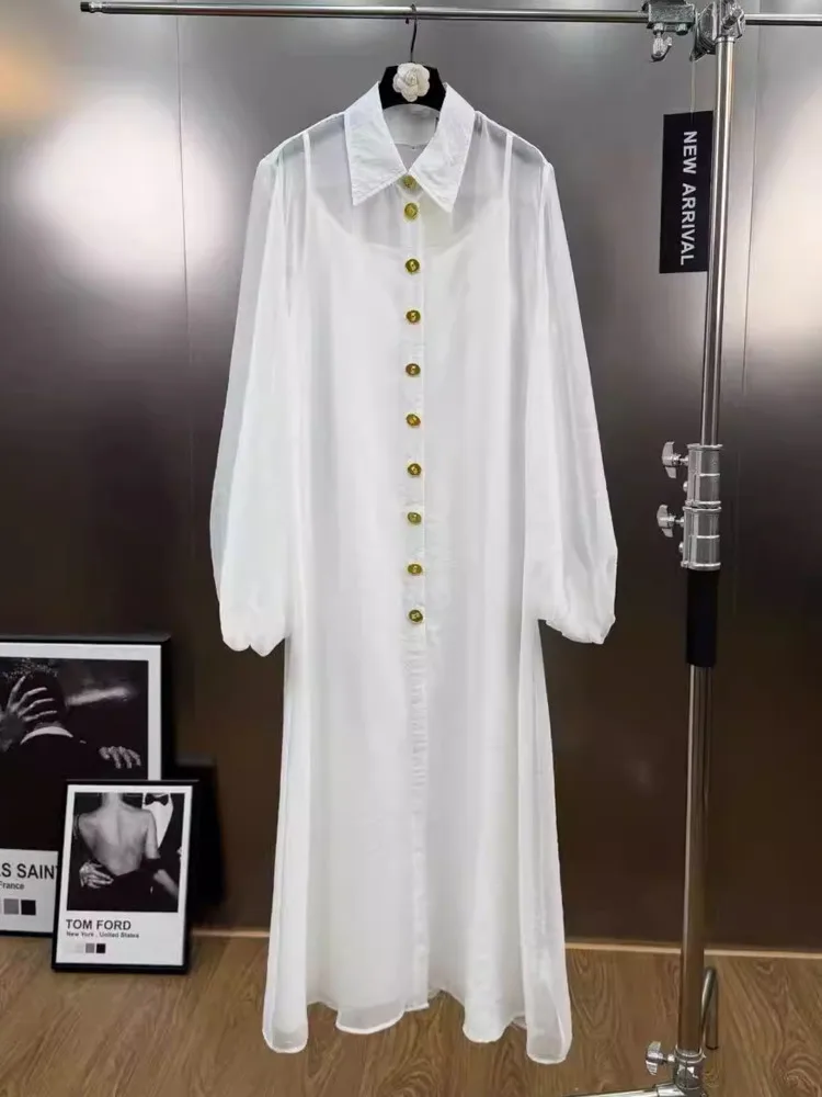 Dfdg feminino 2025 primavera verão sheer camisa vestido colarinho assimétrico botão camisola painéis magro maxi simples vestido casual