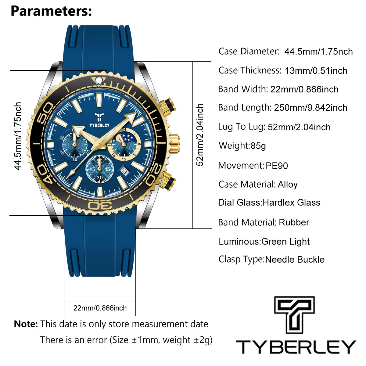 TYBERLEY 2026 New Men Quartz Watch Business Practical Style Date Display 30 Meters Waterproof Hardlex Glass Mirror Rubber Strap