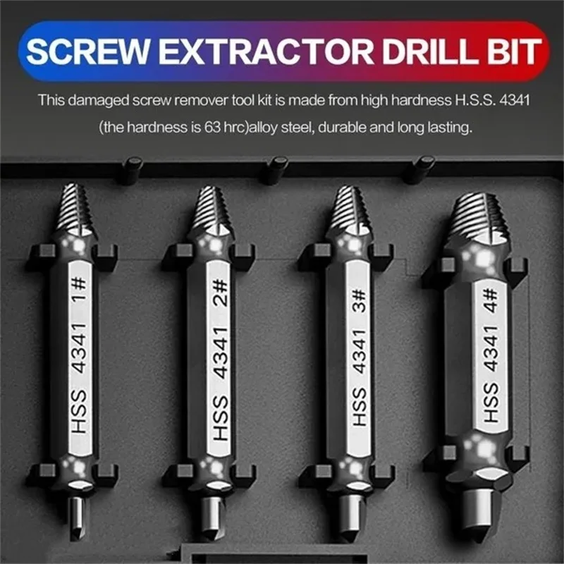 

Stripped Screw Extractor Set Drill Kit, Broken Damaged Bolt Extractor HSS 4341 Speed Out Screw Remover Set Tools Gadget