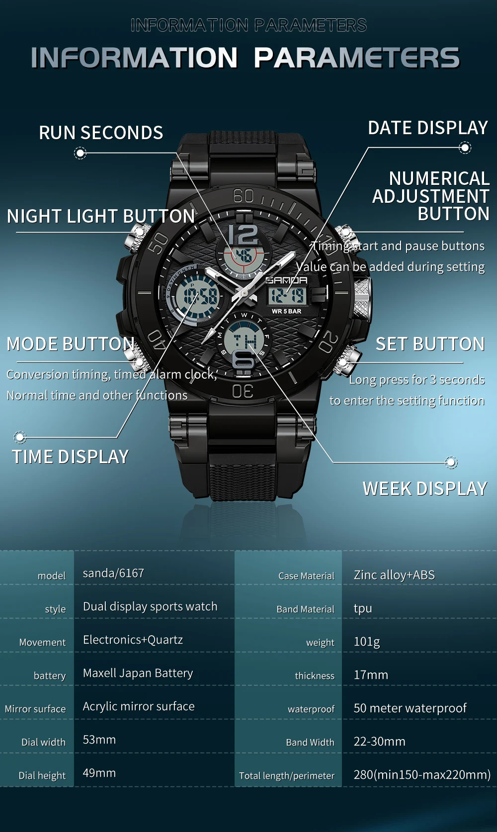 Sanda 2024 neue Dual Screen Herren Digitaluhr Nachtlicht wasserdicht multifunktion ale beliebte Herren Wecker 6167 Armbanduhr