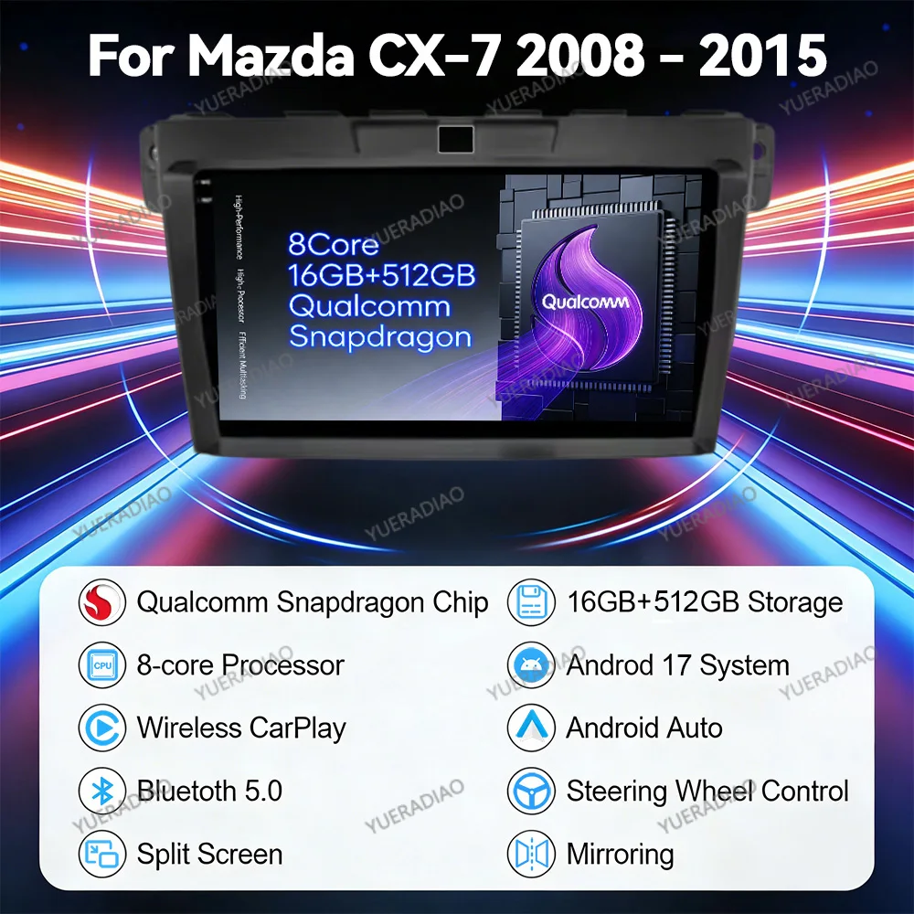 Android 17 Car Radio For MAZDA CX-7 CX7 CX 7 2007 2008 2009 2010 2011 - 2014 Head Unit Qualcomm 4G WIFI GPS NAVI QLED 2DIN BT