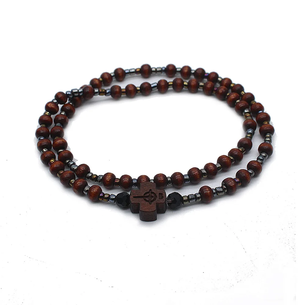 1 Piece Unisex Vintage 59 Beads Mini Bracelet Rosary Wooden Catholic Cross Multilayer Bracelet Prayer Christian Church Supplies