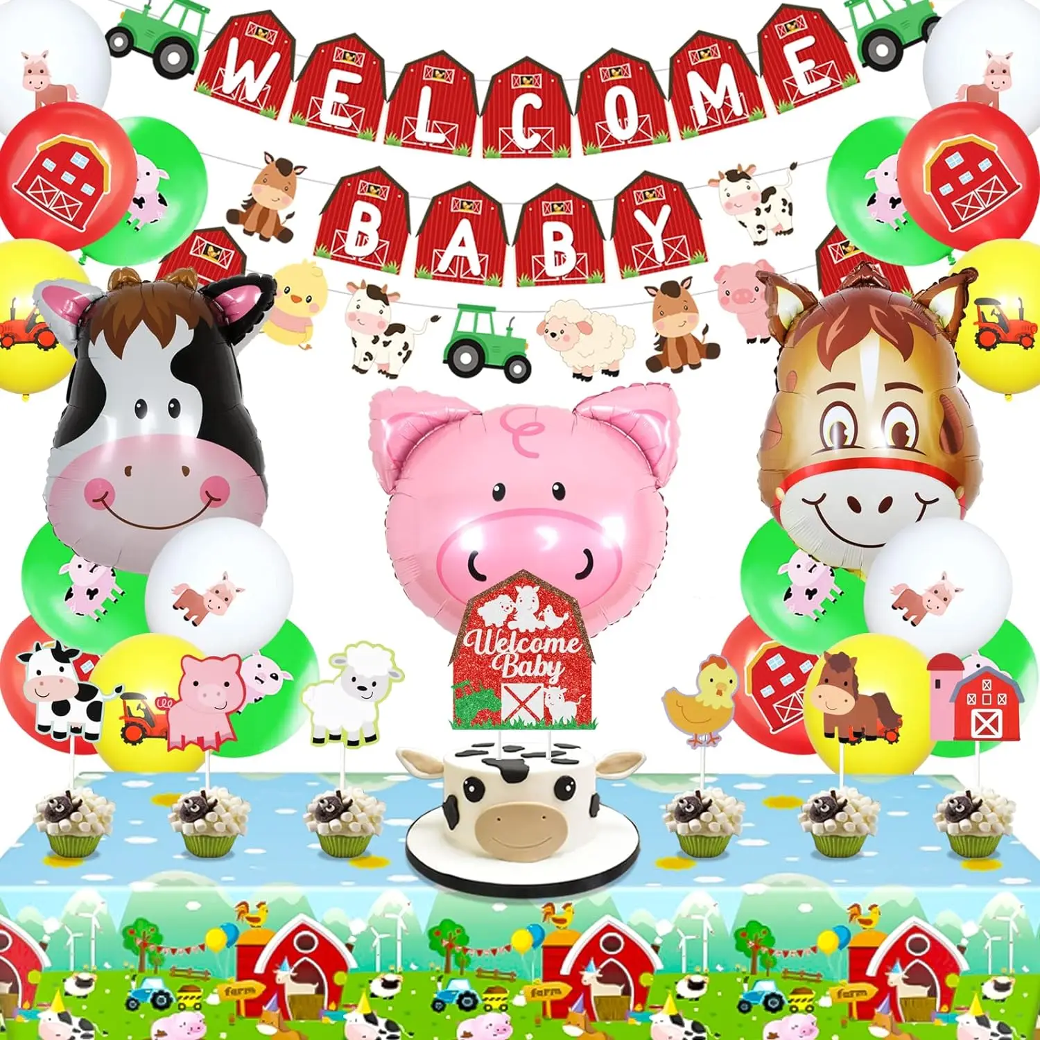 

Farm Animal Baby Shower Decor Welcome Baby Banner and Garland Cake Toppers Balloons for Barnyard Theme Gender Reveal Supplies