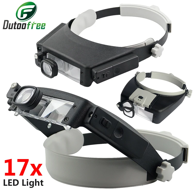 17x Helmet Style Magnifier Loupe Microscope Glass Headband Magnifying Glasses Loupe Lens LED Lights Reading Repair Use