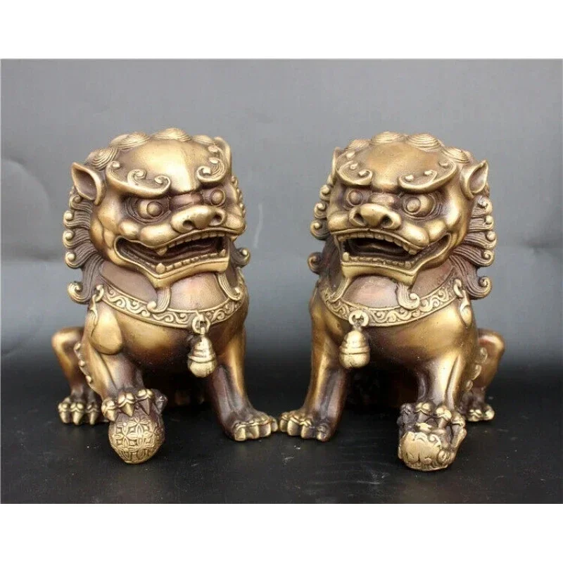 Antique Bronze Fu Foo Dog lion Statue China old Archaic guard lions pair 11cm - view 2