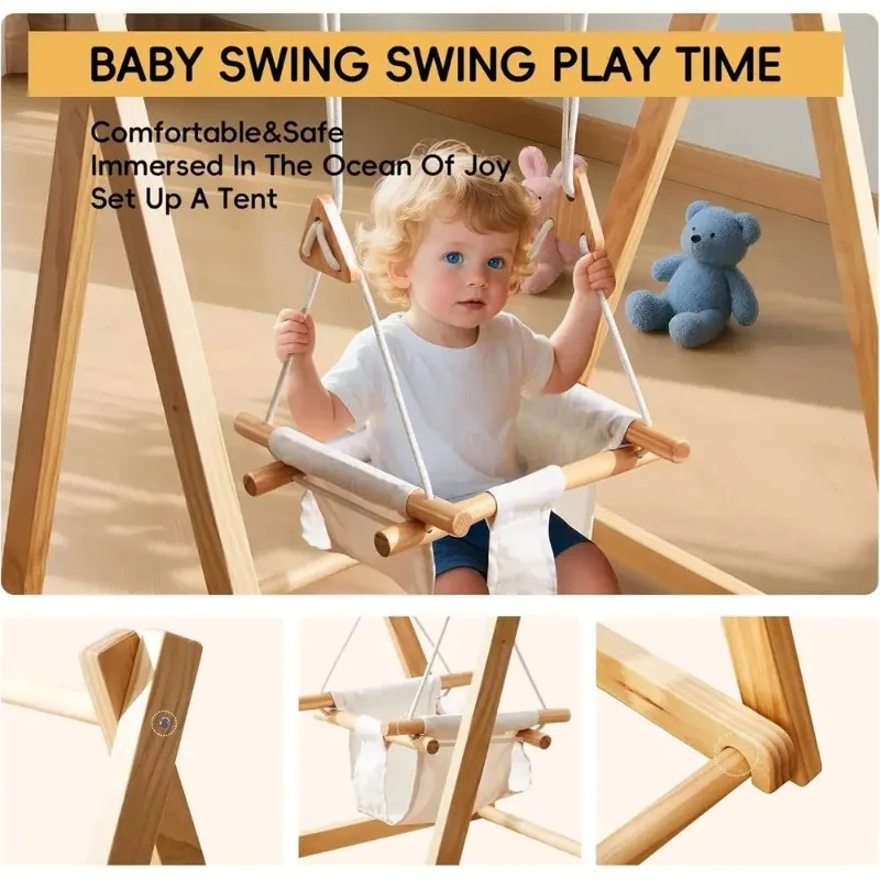 Portable Wooden Swing Set for Babies and Toddlers, Adjustable with Seat Belt, Suitable for Ages 6-36 Months, Ideal for Home and