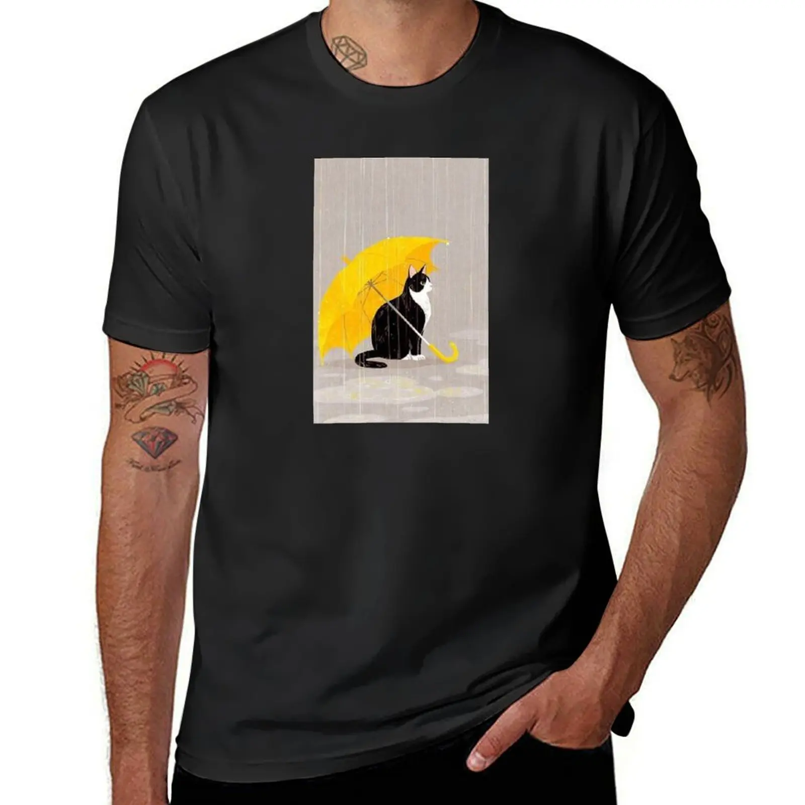 Black and White cat in the rain with a yellow umbrella T-Shirt kawaii clothes summer clothes T-shirt men