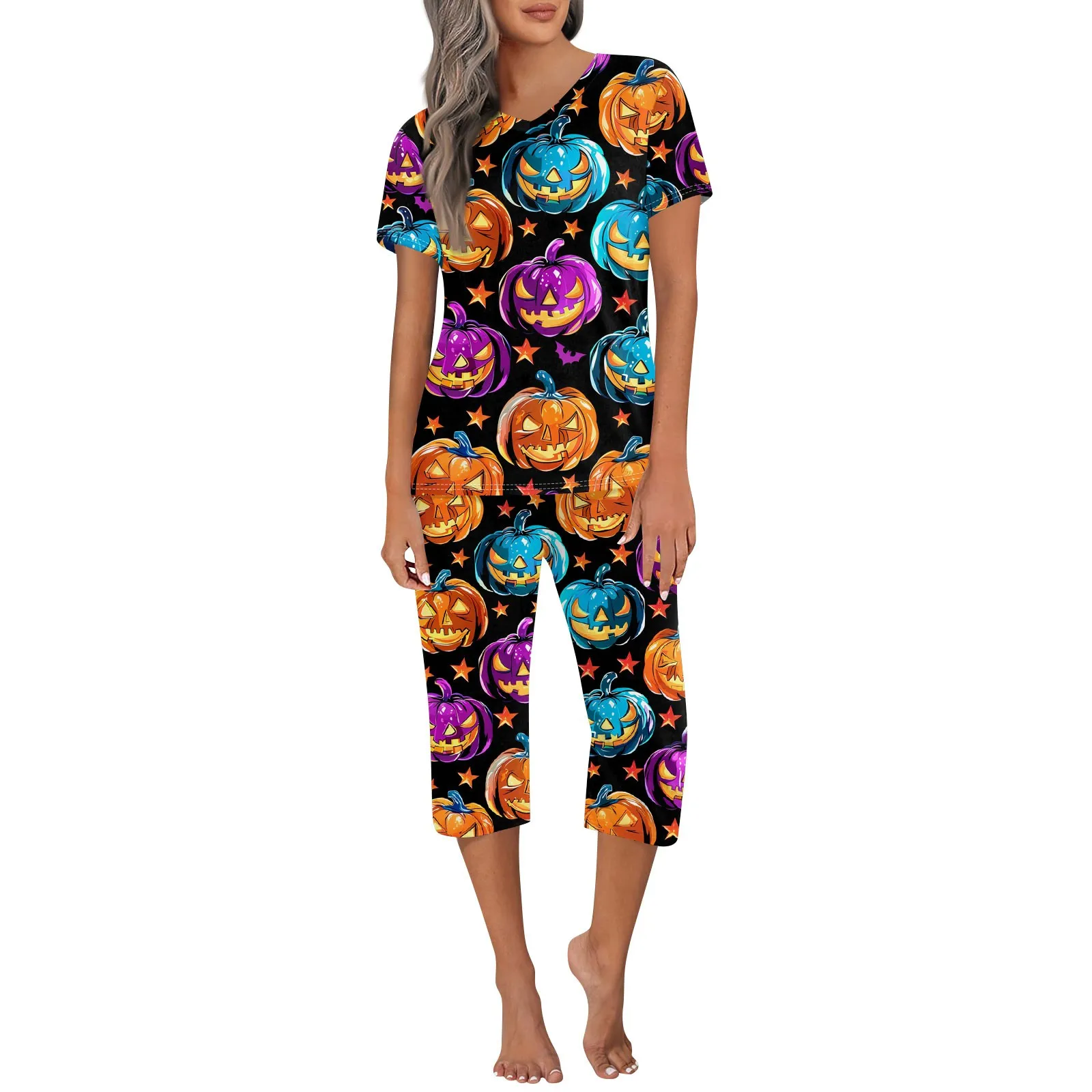 Women\'S New Pajama 2-Piece Set Casual V-Neck Short Sleeve Capris Nightwear Set Halloween Print Classic Comfy Pajama