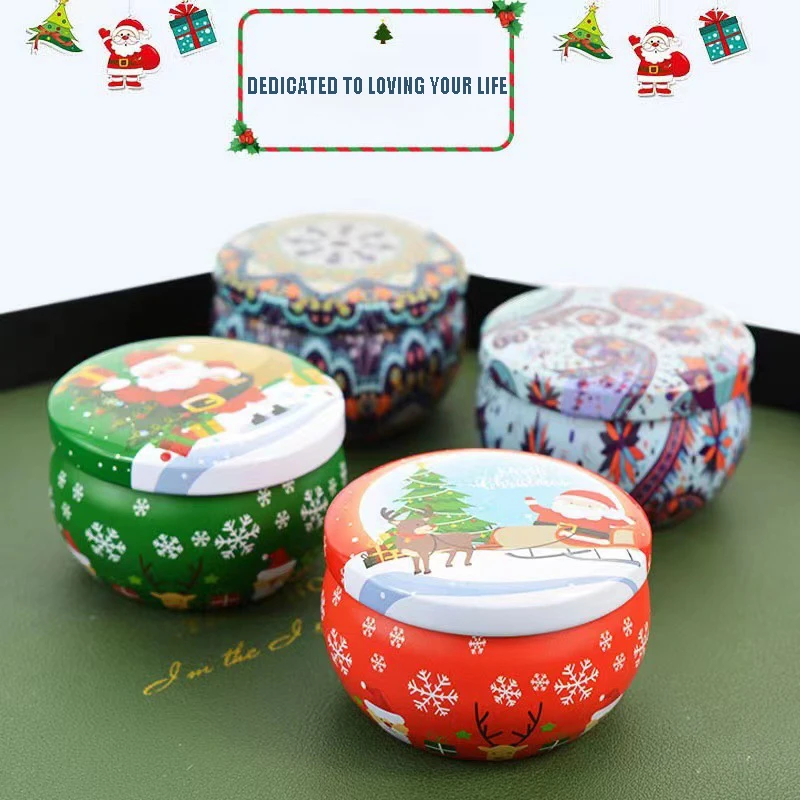 Christmas Scented Candle Jar With Hand Gift Box Candy Flower Tea Tinplate Box Round Drum Shaped Metal Tin Can