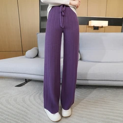 100% pure wool wide leg knitted women's autumn and winter loose outer high elasticity straight leg floor pants wool pants