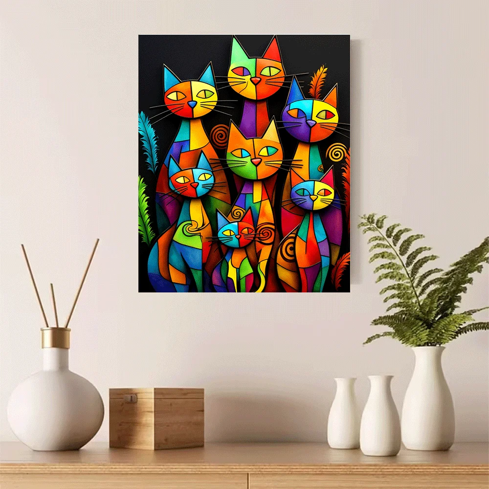 1PC-Unframed Canvas poster wall decoration Colorful Abstract Cats Vibrant Feline Pattern Stained Glass Style Wall Art Decor
