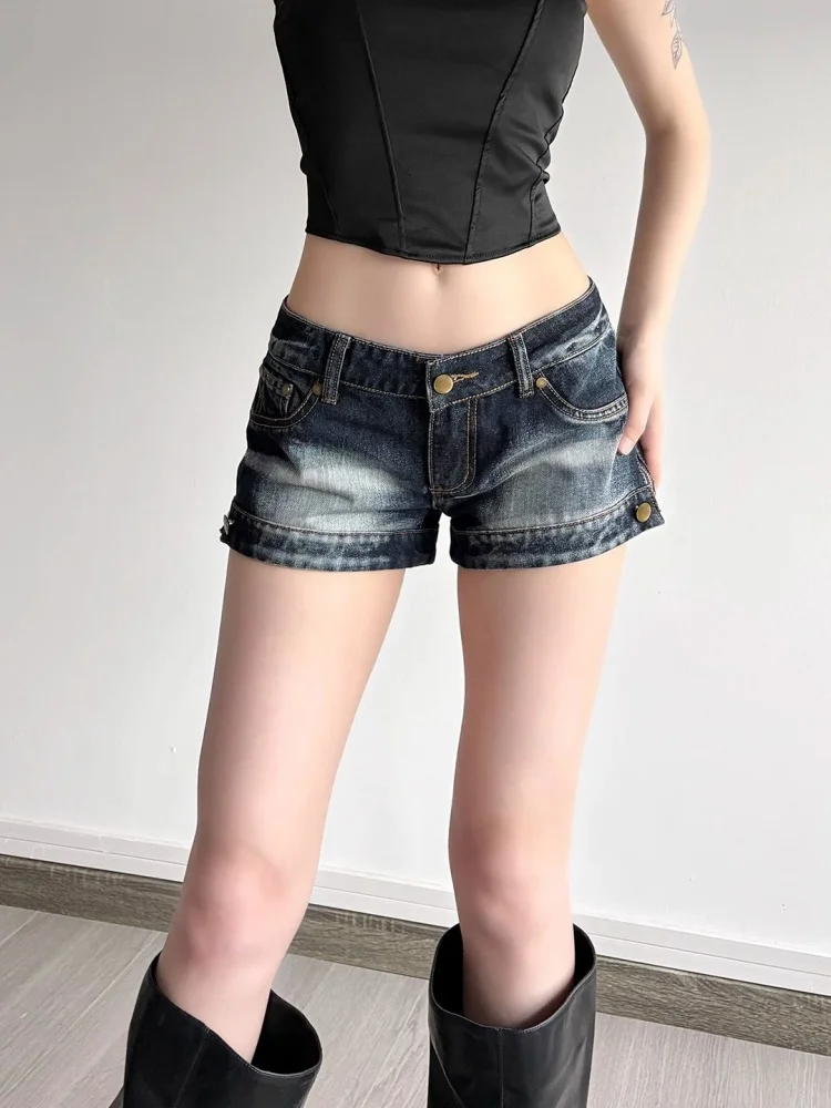 Women Blue Denim Shorts High Waist A-line Hot Jeans Pants Y2K Gyaru Micro Cowboy Shorts Vintage Straight Jean Shorts Summer 2027