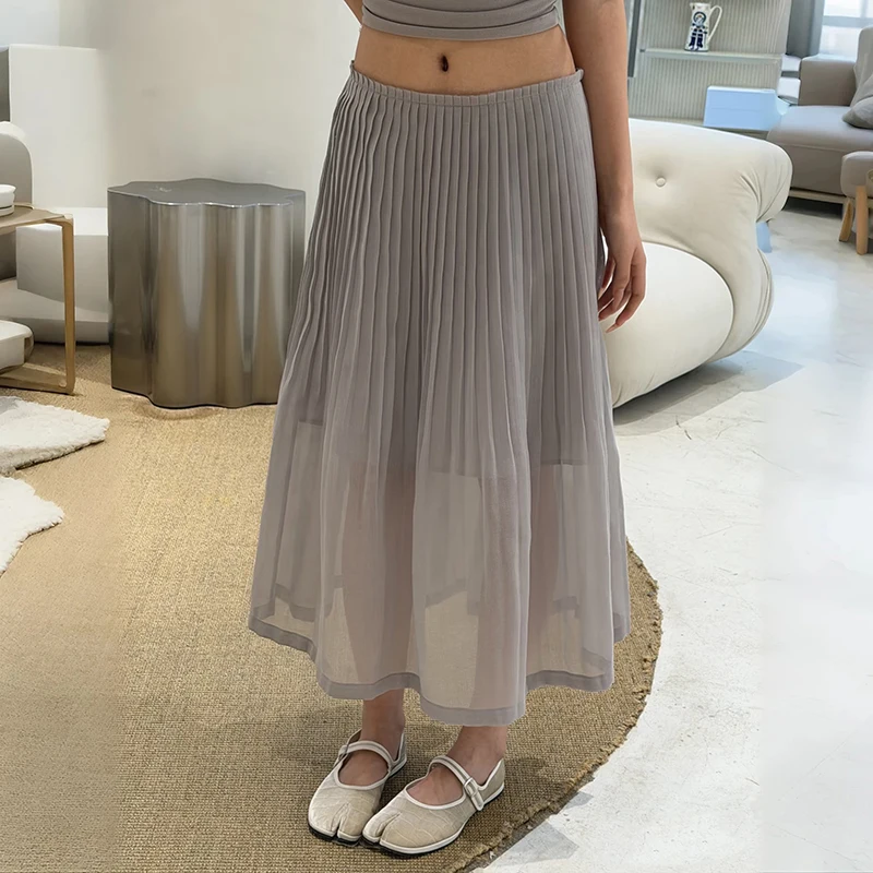 

Spring New Arrival Women's Lightweight Pure Color Mesh Pleated Long Skirt Midi Skirt A-Line Skirt Polyester Fabric