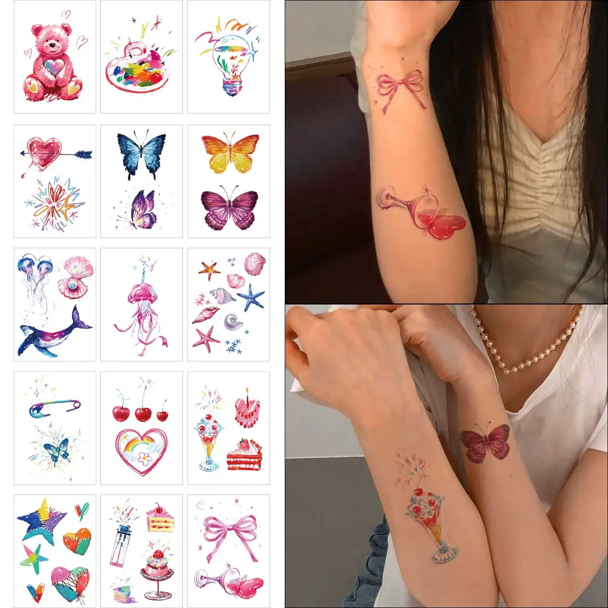 

15 Sheets Colorful Glitter Powder Tattoos Sticker Cute Cartoon Bear Heart Butterfly Temporary fake Tattoo for Women Girl Party