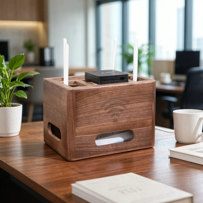 Desk Cable Organizer - Masif Ahşap Kablo Düzenleme Kutusu, Modem,