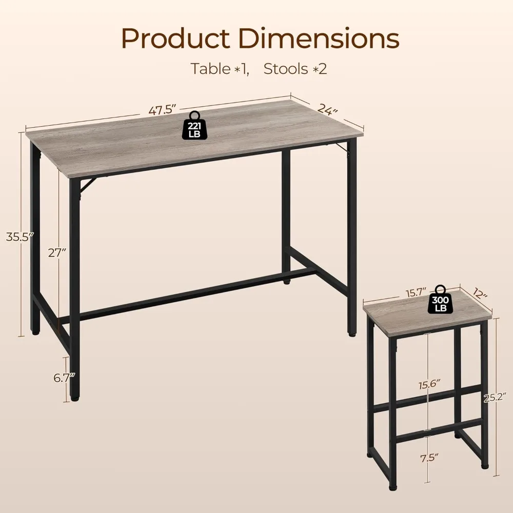Juego de comedor de 3 piezas con 2 taburetes de bar, mesa de cocina de estilo industrial de 47,5 pulgadas