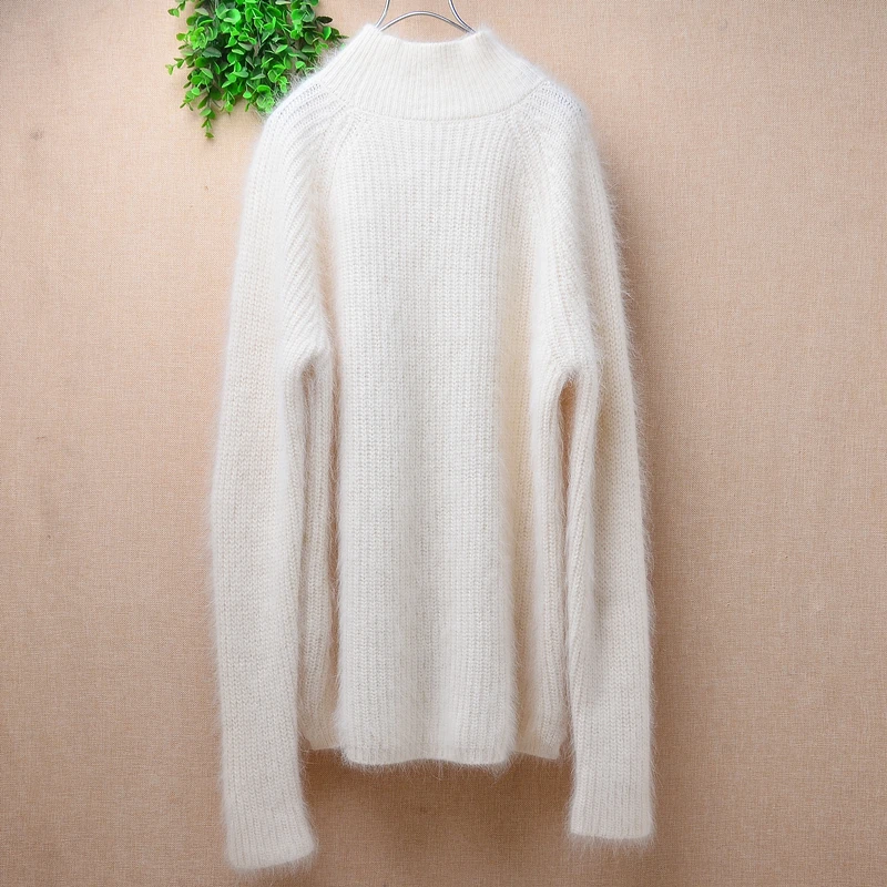 Ladies Women Autumn Winter Clothing Fashion Beige Hairy Angora Rabbit Hair Knitted Turtleneck Long Sleeve Loose Pullover Sweater