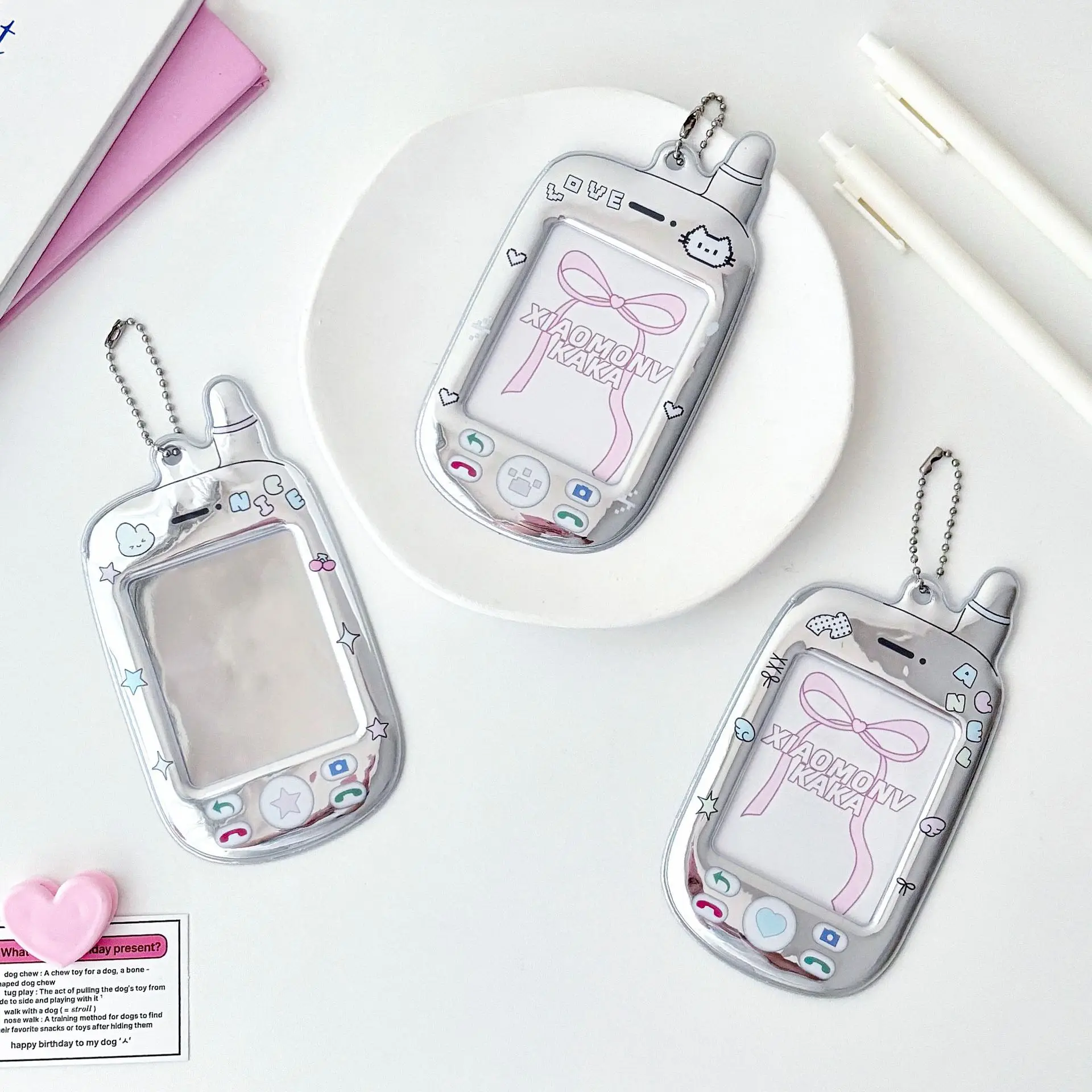 PVC Silver Cartoon Phone Shape Photo Card Holder Pockets for Mini Photo Sticker & Name Card 2.5x3.9 Inch Photos with Key Chain