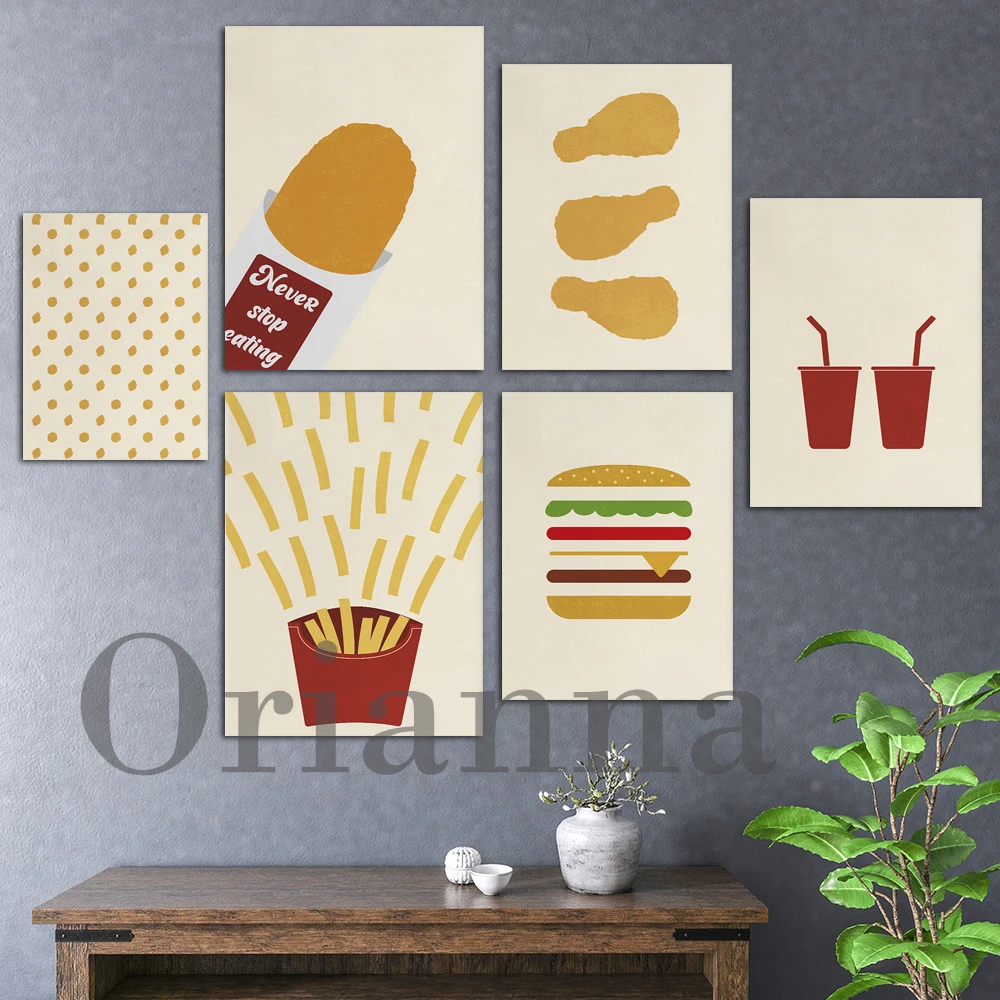 Fast Food Minimalist Food Chicken Thigh Burger Fries Coke Wall Art Canvas Prints Poster Kitchen Fast Food Shop Decor Painting