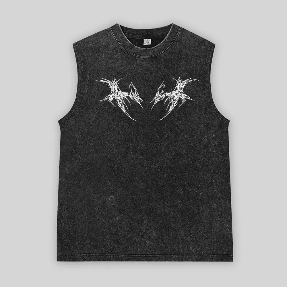 Y2K Gothic Washed Tank Top for Men Abstract Spiky Wing Pattern Oversized Sleeveless Vest Punk Street Casual Wear