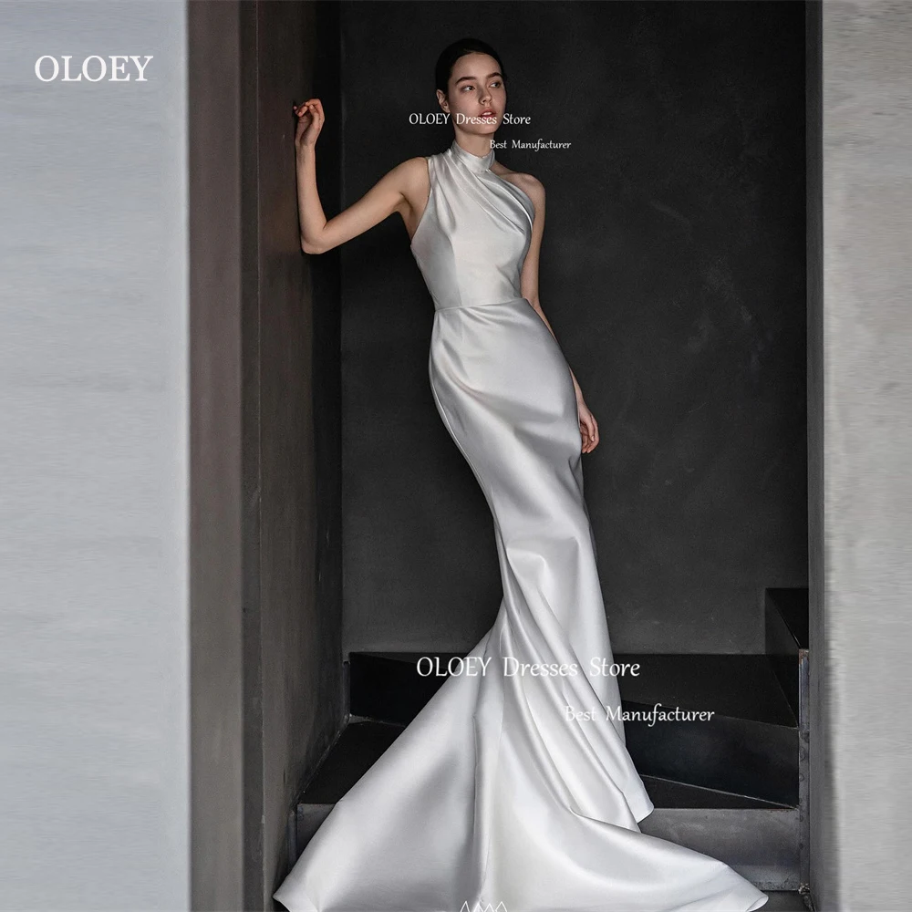 

OLOEY Elegant Silk Mermaid Wedding Dresses High Neck Sleeveless Floor Length Backless Bridal Gowwns Vestido de noiva Custom