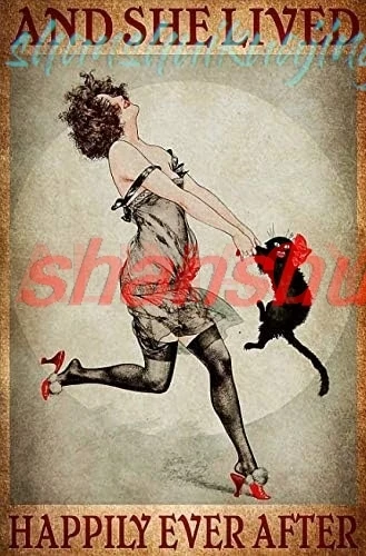 LINQWkk Metal Tin Retro Sign-And She Lived Happily Ever After Metal Poster Black Cat Print Dance with Cat Metal PosterWall  sign